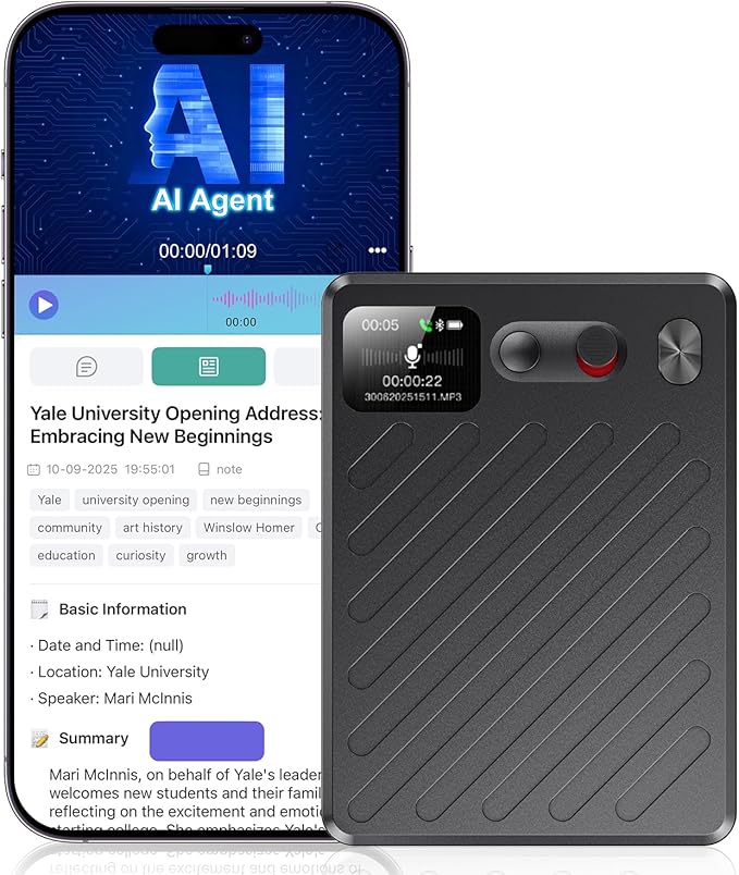 AI Voice Recorder, AI Transcription & Summary, APP Control AI Note Taking Device Supports 132+ Languages, 100H 64GB Memory, Magnetic Audio Recorder for Lectures, Learning, Meetings, Calls, Black