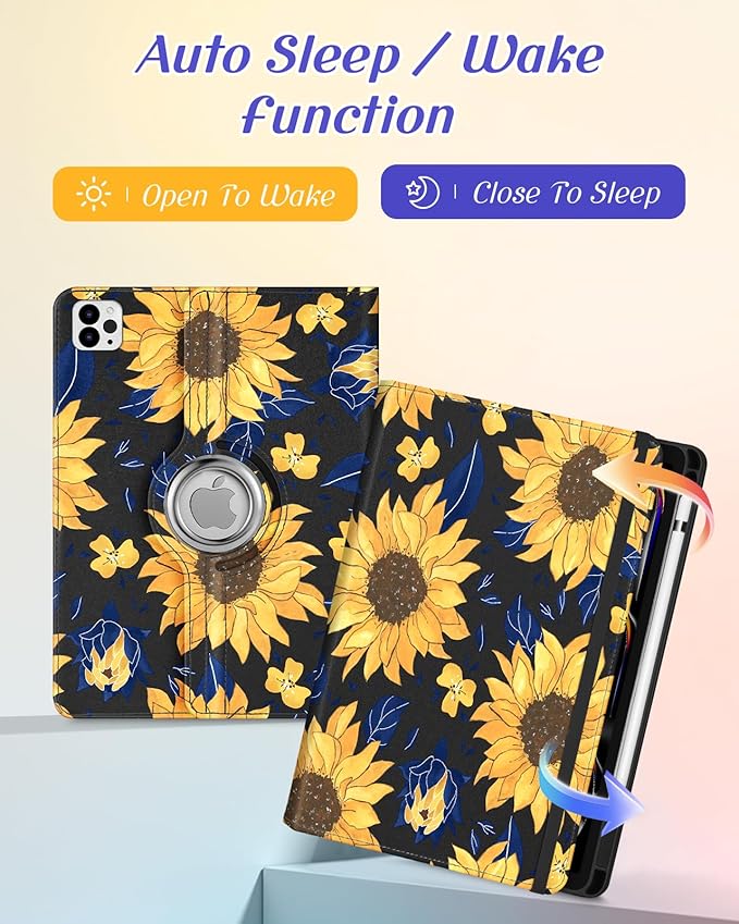 Kidcube for iPad Pro 11 Inch Case M4 2024 5th Generation - Women Girls Cute Rotating Stand Folio Cover with Pencil Holder & Card Slot Kawaii Sunflower Design for iPad Pro 11'' Case 2024 M4 5th Gen