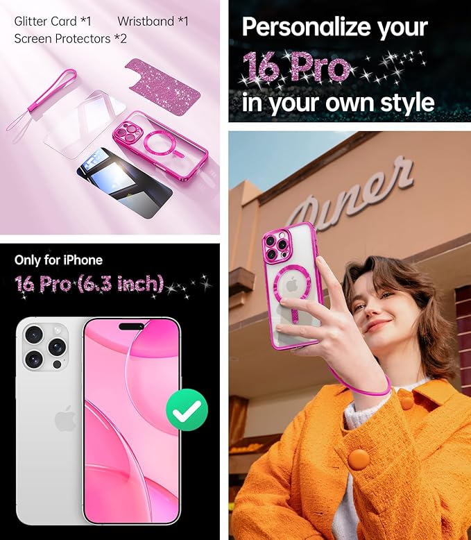 Meifigno Case Designed for iPhone 16 Pro, [Compatible with MagSafe] [1X HD+1X Privacy Screen Protectors] [Glitter Card&Wrist Strap] Surround Lens Protection Designed for iPhone 16 Pro Case, Hot Pink