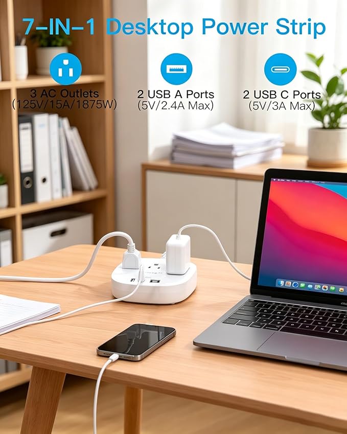 15 Ft Long Extension Cord, Cruise Ship Power Strip, 22.5W/4.5A Flat Plug Power Strip with 3 Oultets 4 USB Ports, 2 USB C Power Strip No Surge Protection for Home Office College Dorm Room Essentials