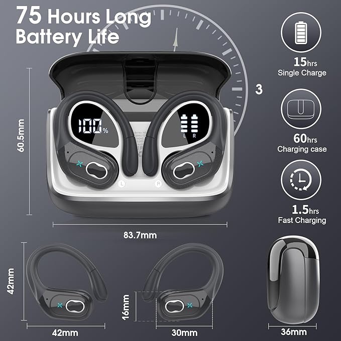Wireless Earbuds 75hrs Bluetooth 5.4 Headphone Sport, 2026 Bluetooth Earbuds Stereo Deep Bass Over Ear Bud with Earhooks, ENC Noise Cancelling Mic, IPX7 Waterproof Earphone for Gym/Workout, Iron Gray