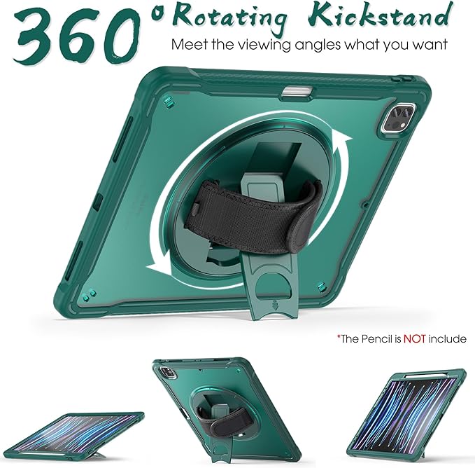 BRAECNstock case for iPad Air 13 Inch M4 2026/ M3 2025/ M2 2024 & Pro 12.9 inch 6th/5th/4th/3rd Generation 2022-2018 Cover with Screen Protector,Pencil Holder,360°Rotate Stand-Midnight Green