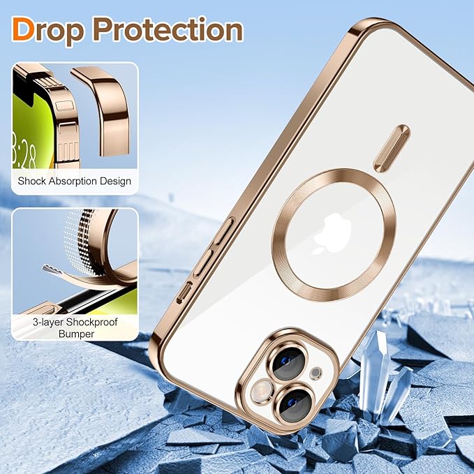 Hython Magnetic Clear for iPhone 14 Case with Camera Lens Protector [Compatible with MagSafe] Luxury Plating Edge Slim Soft TPU Cover Protective Phone Case for iPhone 14 6.1", Desert Brown