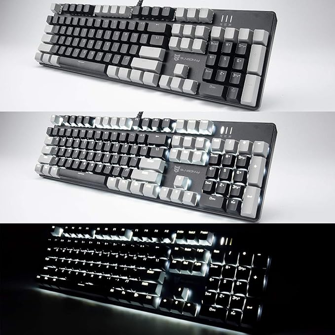 Merdia LED Backlit Full Size Wired Mechanical Gaming Keyboard | Black Switch 104 Keys US Layout Hot Swappable Full Size Mechanical Keyboard | White LED Backlit PC Gaming Keyboards (Black & Grey Color)