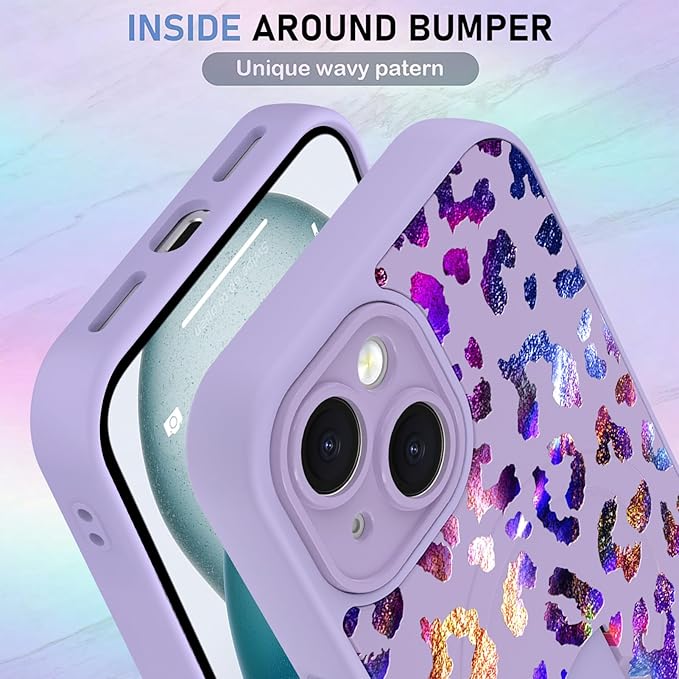 KANGHAR Compatible with iPhone 15 Case, Support for MagSafe, Silicone Cute Iridescent Leopard Cheetah Pattern, Wristband Kickstand Shockproof Protective Slim Cover for Women Girls, Purple