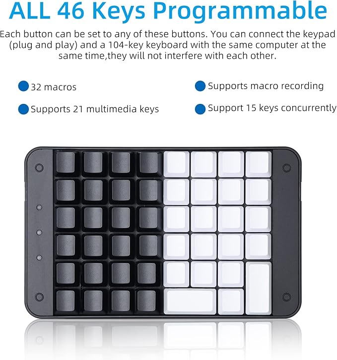 Koolertron One Handed Mechanical Gaming Keyboard with 32 Macro Keys, 46-Key Fully Programmable Mini Keypad, Mini USB Macro Keyboard for PC Gamers