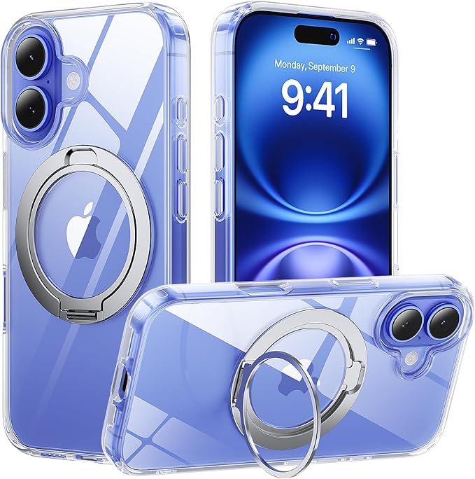 360° Ring Stand for iPhone 16 Case, Compatible with MagSafe, Military-Grade Protective, Anti-Yellowing, Scratch-Resistant Back Cover Phone Case for iPhone 16 6.1'', Clear