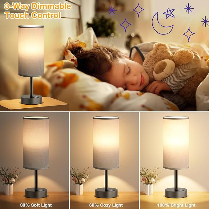 Dicoool Small Touch Bedside Lamp with USB - 3 Way Dimmable Grey Table Lamp for Bedroom, Nightstand Lamp with Charging Station for Desk Dorm, Office