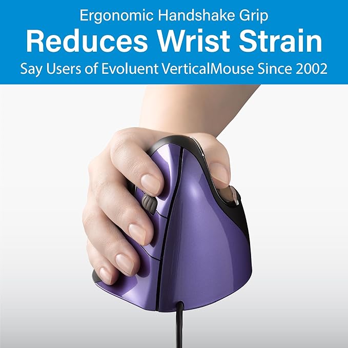 Evoluent – Inventor of The Vertical Mouse – VM4S Ergonomic Vertical Mouse Right Hand Small Wired USB, Sculpted for Comfort, Reduces Wrist Strain, 4 Speeds, 6 Customizable Buttons in Windows