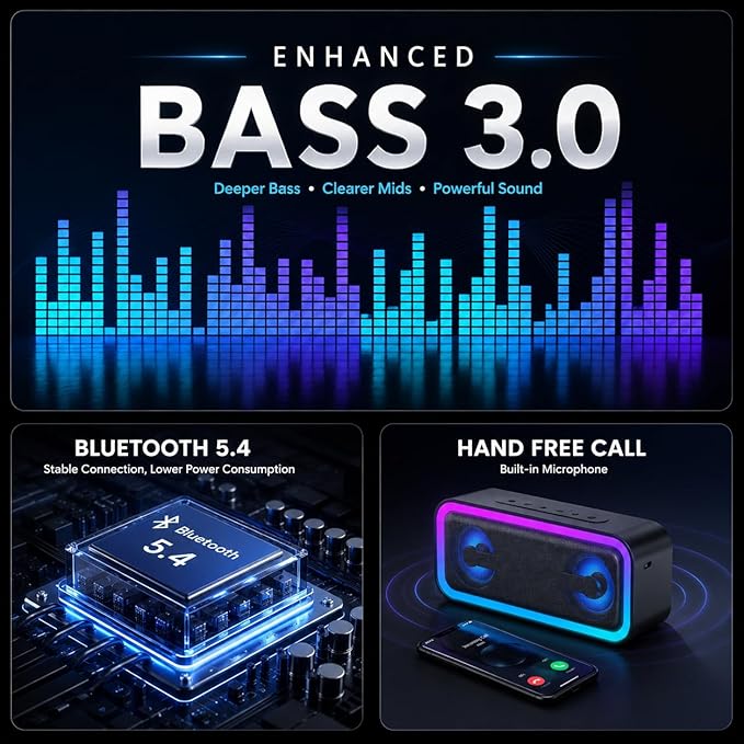 IKT Portable Bluetooth Speaker with Lights x Holidays/World Cup Stuffers, 30W Loud Stereo Sound, Bluetooth5.4, Enhanced Bass,24H Playtime, TWS Pairing, IPX7 Waterproof, Speakersfor Home/Party/Outdoor