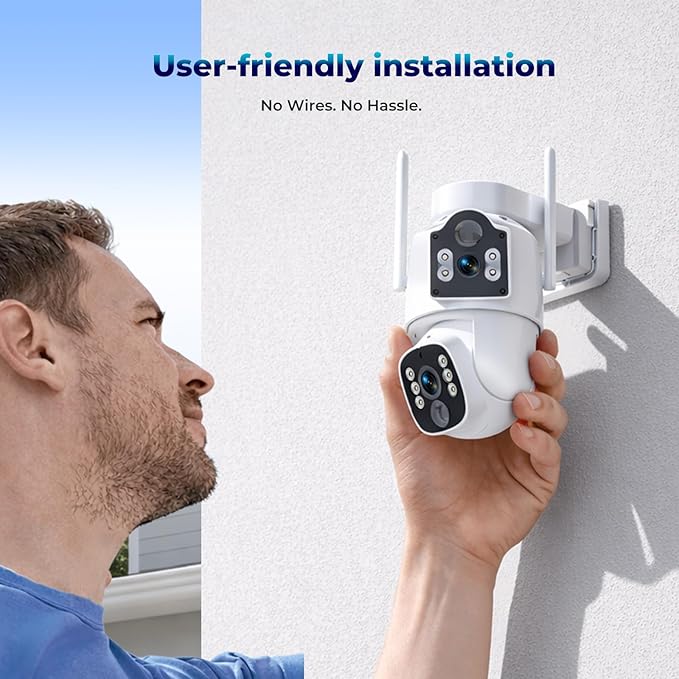 Solar Security Cameras Wireless Outdoor, Dual-Lens Security Camera System, Multi-Angle Monitoring, 360°PTZ, 2K Color Night Vision,2-Way Audio, 0 Monthly Fee, 2.4 & 5GHz WiFi