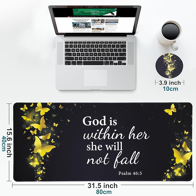 Large Gaming Mouse Pad with Coaster, Desk Matt for Desktop, Desk Pad, Mouse Pads Mat, Stitched Edges Big Extended Mousepad for Computer Keyboard Laptop Office Decor, 31.5'' x15.6''-Gold Butterfly