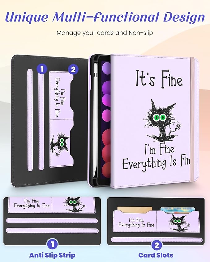 Kidcube for iPad mini 7 Case A17 Pro 2024, for iPad mini 6th Generation Case 8.3 Inch - Women Girls Kid Cute Rotating Stand Folio Cover with Pencil Holder & Card Slot Girly Kawaii Cat Unique Cover