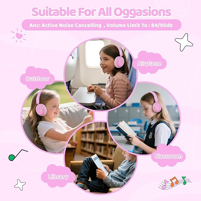MIDOLA Active Noise Cancelling Kids Bluetooth Headphones,68H Play Time,Lightweight Wireless Foldable Over-Ear Headphone for Kid Toddler,Volume Limited 85/94dB,Headsets with Built-in Mic Pink