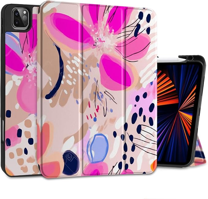 DONGKE Case for iPad Pro 12.9 inch 6th Generation 2022, Built-in Pencil Holder + Trifold Stand + Auto Wake/Sleep + Protective Cover for iPad Pro 12.9 5th/4th/3rd Gen - Floral Artistic