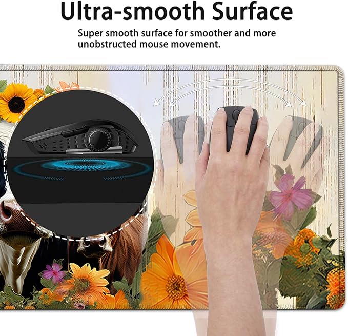 Large Mouse Pad, 31.5 x 11.8in Extended Gaming Mouse Pad with Stitched Edges, XXL Mousepad Protector Non Slip Rubber Base for Office & Home Writing Mat, Sunflowers Farmhouse Cow Pattern White Desk Mat