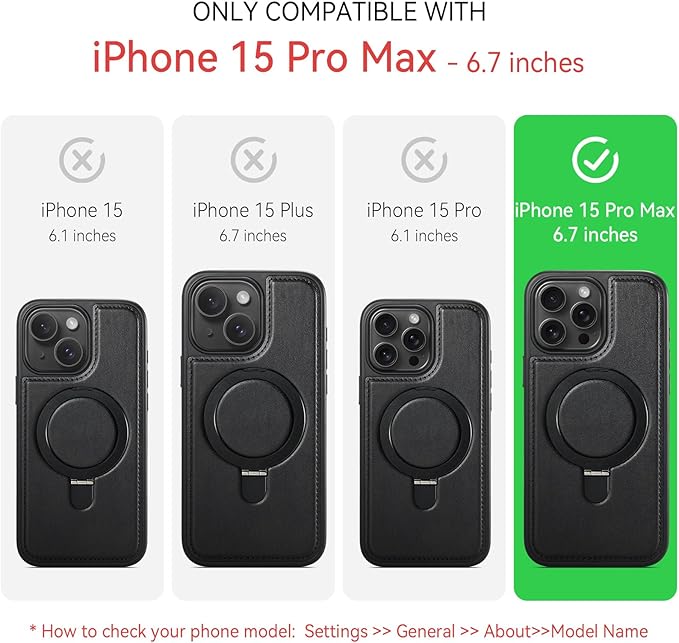 Compatible with iPhone 15 Pro Max Case with Stand, Compatible with MagSafe, Slim PU Leather & Durable TPU Protective Cover Drop-Proof with Tempered Glass Screen Protector 6.7", Black