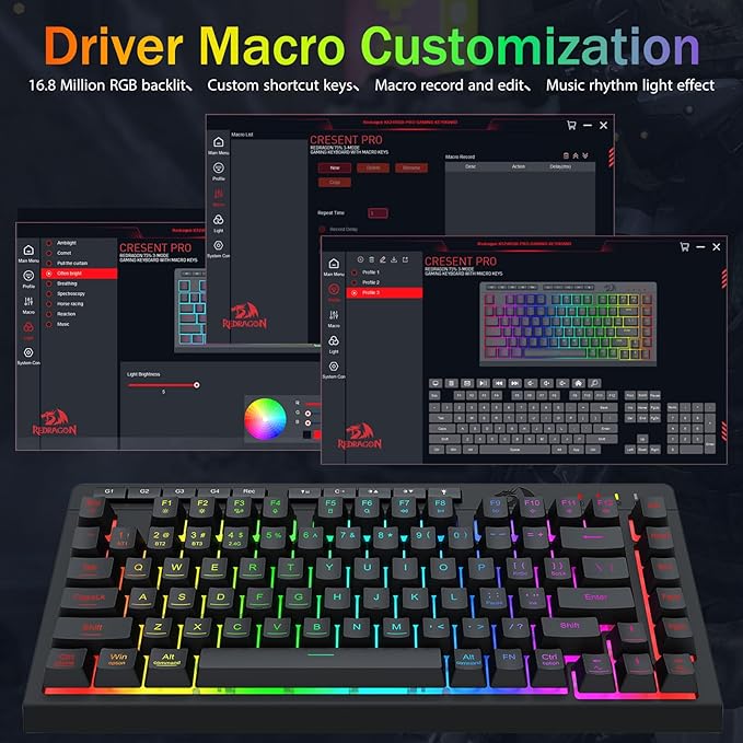 Redragon Wireless Gaming Keyboard, Bluetooth/2.4GHz/USB-C Wired, RGB Backlit, Portable 75% Mini Quiet Macro Membrane Keyboard, Rechargeable 4000mAh Battery, Anti-Ghosting for Win/MAC