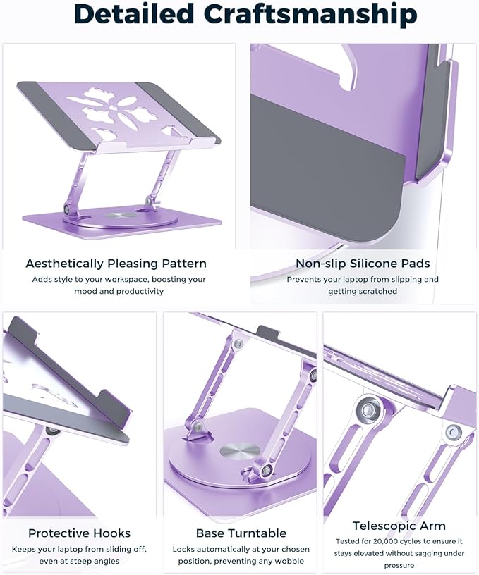 Aoviho 360° Rotating Laptop Stand for Desk | Adjustable, Foldable, Portable Aluminum Ergonomic Riser | Compatible with MacBook, Dell, HP & All Laptops 10-16 inch | Purple