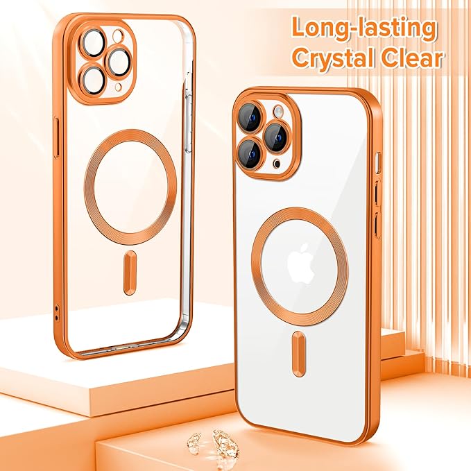 Hython Magnetic Clear for iPhone 11 Pro Case with Camera Lens Protector [Compatible with MagSafe] Luxury Plating Edge Slim Soft TPU Cover Protective Phone Case for iPhone 11 Pro 5.8", Matte Orange