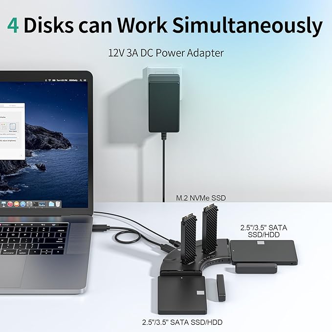 SUIDEK 4-Bay Dual M.2 NVMe & Dual SATA SSD Enclosure - 10Gbps USB-C SSD Converter Hard Drive Reader for M.2 NVMe (M+M/B Key) & 2.5/3.5 Inch SATA - Plug & Play Adapter