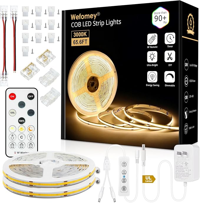 COB LED Strip Light Warm White, 66ft Dimmable 3000K Super Bright White Led Lights with Remote and UL Power Supply, 24V Flexible LED Tape Light for Bedroom, Kitchen, DIY Lighting (2 Rolls of 33ft)