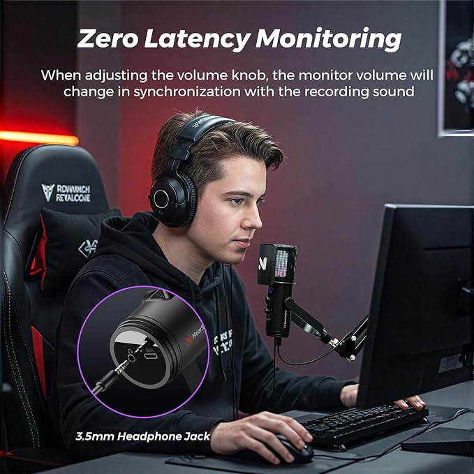 NearStream RGB Gaming Microphone for PC with Noise Canceling/Monitor/Mute/Gain/Removable Pop Filter, USB Condenser Mic with Boom Arm for Stream/Podcast/Twitch/Discord/YouTube/PS4/PS5(AM30U)