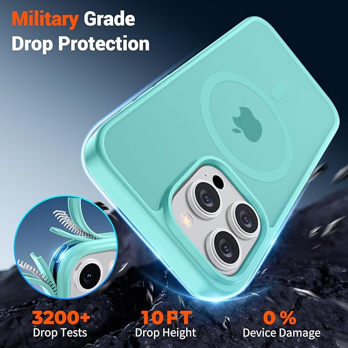 SUPFINE Magnetic for iPhone 15 Pro Case (Compatible with MagSafe) (Military Grade Drop Protection) Translucent Matte Shockproof Phone Cover,Blue Green