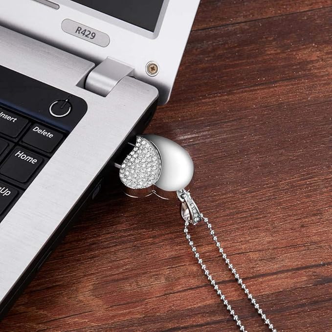 USB Flash Drive, Diamond Heart 8GB / 16GB / 32GB USB2.0 Waterproof USB Memory Stick Date Storage Pendrive Thumb Drives (32GB, Silver Heart)