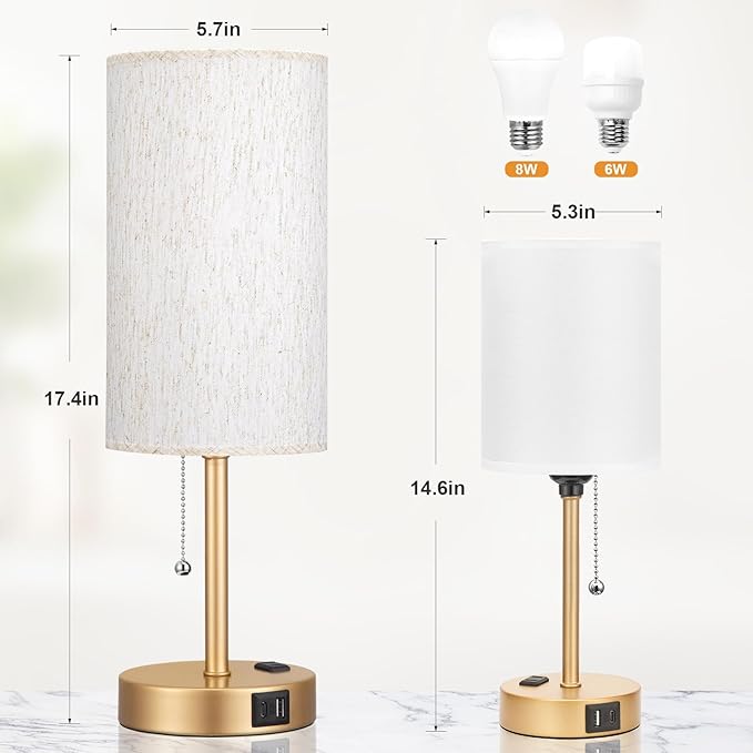 Dicoool Gold Bedside Table Lamp for Bedroom, 17Inch Tall Nightstand Lamp with USB C & A Ports & AC Outlet, 3 Color Temperatures Pull Chain Side Table Lamp for Living Room/Kitchen/Dorm/Office