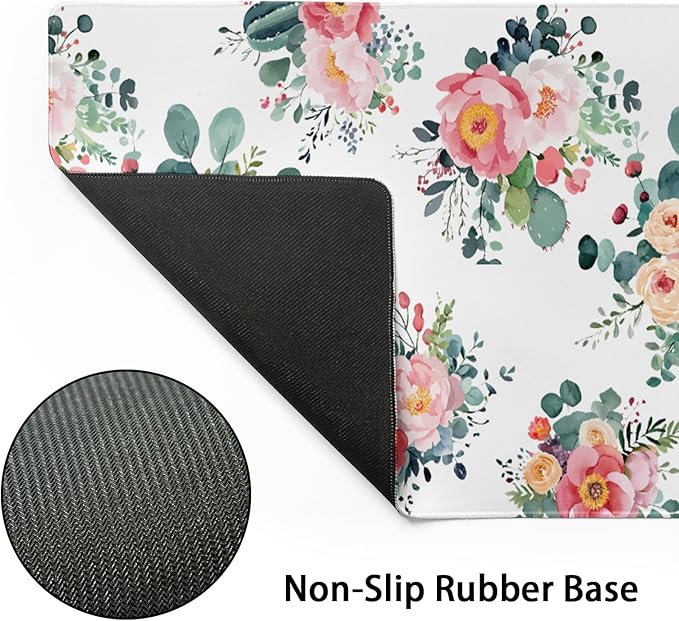 Kawani Pink Floral Gaming Mouse Pad & Keyboard Mat, XXL Large (31.5x11.8 Inch), Waterproof, Non-Slip, Soft, Fabric & Rubber