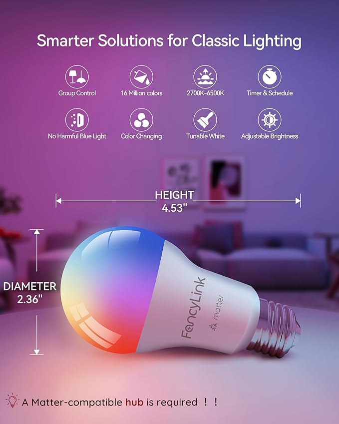 Matter Smart Light Bulbs, Color Changing Light Bulb, hub Required, A19 60W,2.4Ghz WiFi only,Compatible with Alexa Google Assistant, Apple Home,16 Million Colors RGBCW 800 Lumen,2 Pack
