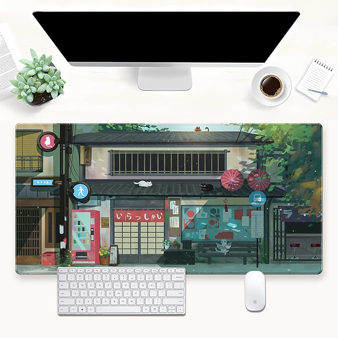 Kawaii Anime Cat Gaming Desk Mat Pad XL Large Mouse Pad (31.5"x15.7") Mouse & Keyboard Desk Pad with Stitched Edge, Vibrant Green Design for Home Office & Computer Gaming Setup