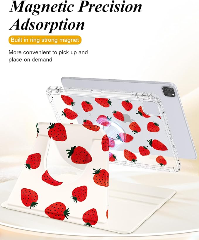 Shorogyt for iPad Air 13 Inch (M4) 2026/M3 2025 & M2 2024 /for i Pad Pro 12.9 inch (3/4/5/6th Gen) for Magnetic Stand for Women - Cute Design 360 Rotating Covers Girls with Pencil Holder, Strawberry