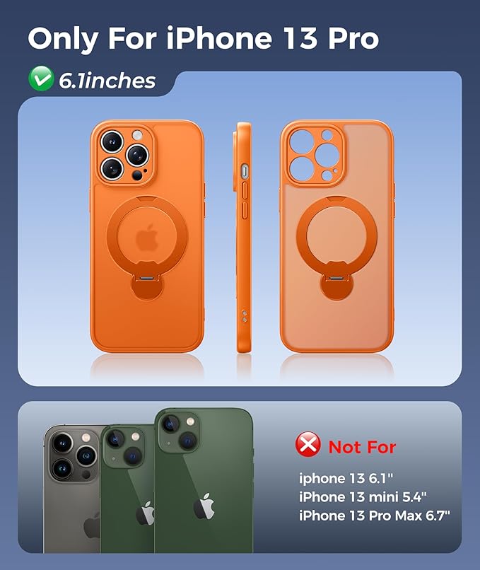 FNTCASE for iPhone 13 Pro Case: [360 Spin Magnetic Stand] [Compatible with Magsafe] [Screen Protector] Translucent Matte Military Grade Shockproof Full Camera Protective Phone Cover - Orange