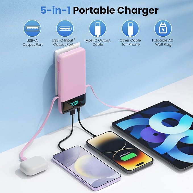 Portable Charger for iPhone,13800mAh Slim Power Bank with Built-in Cables & AC Wall Plug,All in One 4 Outputs USB C Fast Charging Battery Pack for iPhone 17/16/15/14,Android,Travel Essential (Pink)