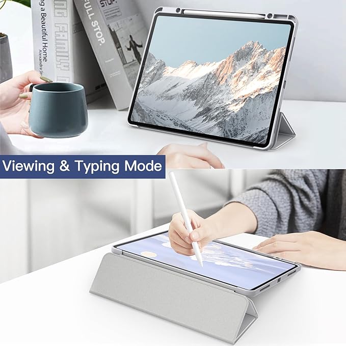 JETech Case for iPad Pro 12.9-Inch (2022/2021/2020/2018) with Pencil Holder, Clear Transparent Back Shell Slim Stand Shockproof Tablet Cover, Auto Wake/Sleep (Silver)