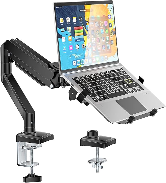WALI Single Arm Laptop and Monitor Desk Mount for 17" Notebook and Up to 32" Screen, 2-in-1 Adjustable Monitor Arm with Laptop Tray, VESA 75x75 100x100,Holds 22-26.4 lbs, Black (GSMP001NLP)