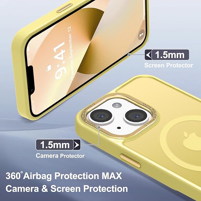 Newfuture Designed for iPhone 13 Case & iPhone 14 Case with Magnetic [13 FT Military Drop Protection] [Compatible with Magsafe] Slim Translucent Shockproof with Anti-Fingerprint Phone Case, Yellow