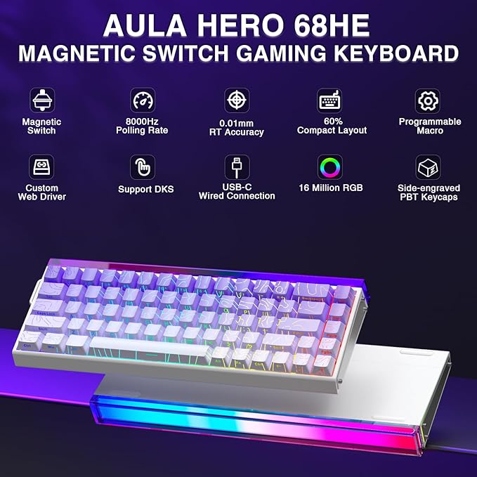 AULA Hero 68 HE 60% Gaming Keyboard Wired, Hall Effect Magnetic Switch Keyboard with Adjustable Actuation, Fast Trigger Mode, 8K Hz Polling Rate, 0.125ms Latency,Side Printed PBT Keycaps, RGB Backlit