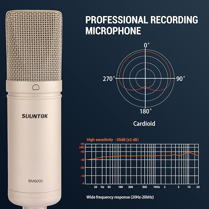 SUUNTOK Condenser Microphone XLR, Large Diaphgram Professional Recording Cardioid Microphone Kit with Shock Mount, for Studio, Live Streaming, Podcas (Silver)