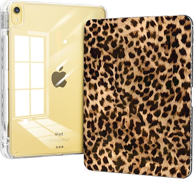Case for iPad 11th Generation A16 Chip 2025, Slim iPad 10th Generation Case 10.9-inch 2022, Trifold Stand, Protective Transparent Clear Back Cover with Pencil Holder, Brown Leopard