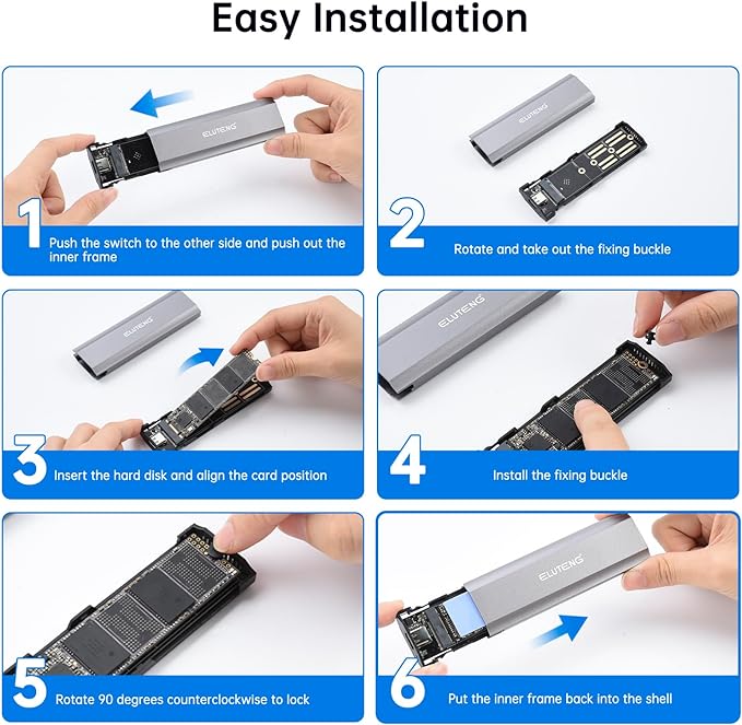 ELUTENG M.2 SSD Enclosure M.2 NVME SATA Dual Protocol Hard Drive Enclosure Aluminum USB 3.2 Gen 2 10Gbps External NVMe to USB SSD Reader Max 4TB Supports M and B&M Keys SSDs