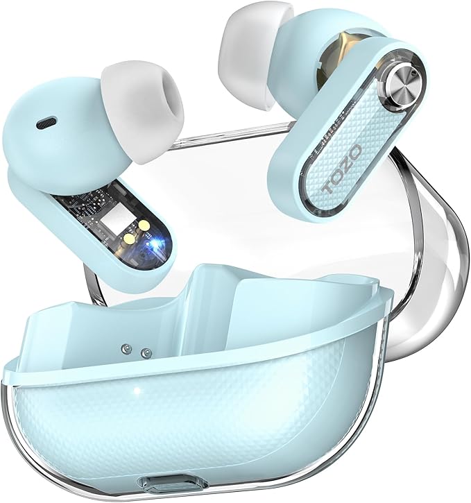 TOZO Crystal Pods Hybrid Active Noise Cancelling Wireless Earbuds, 10mm Drivers Deep Bass, 4 Mics Smart ENC AI Calls, Real-Time AI Translation, 32 EQ via App, Bluetooth 5.4, Crystal Design