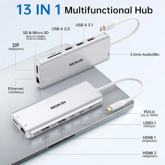 USB C Laptop Docking Station Dual Monitor Dual HDMI 4K DP Triple Display Hub, 13 in 1 MOKiN USB C Hub with 3 Monitors, DisplayPort, USB 3.1, RJ45, 100W PD, Card Reader, Audio/Mic, for Dell HP, Sliver