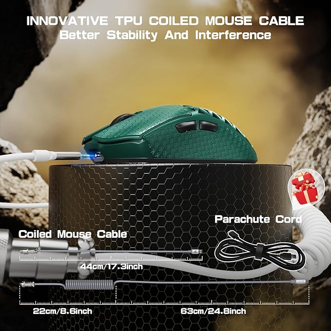 ATTACK SHARK R5 Ultra Wireless Gaming Mouse,Carbon Fiber Shell 39g Superlight,PAW3950MAX Nordic 52840 MCU 8K Polling 42K DPI Optical Sensor,BT/2.4G/USB-C Wired Mice with Coiled Cable-Green&Griptape