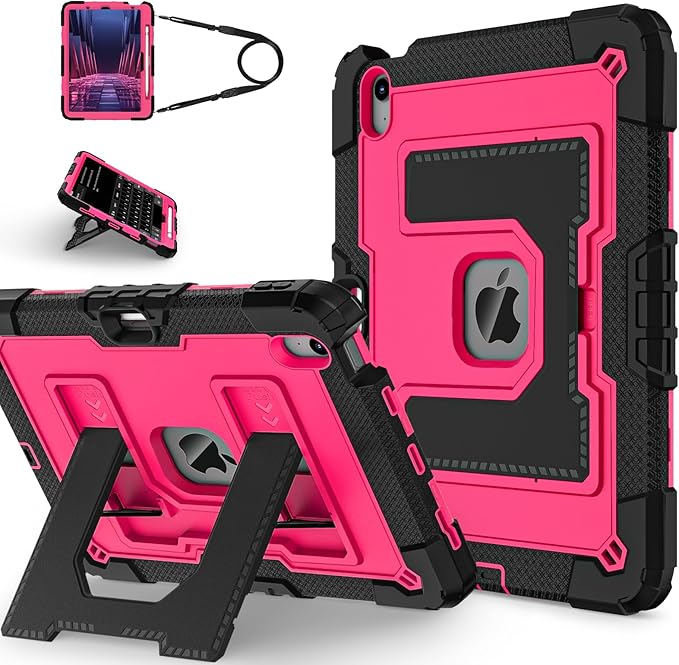 Kids Friendly Case for iPad Air 11 Inch M4 M3 M2 2026/2025/2024 Case with Pencil Holder & Shoulder Strap, Military Grade Shockproof Kickstand Hard Shell Protective Cover,Black+Rose