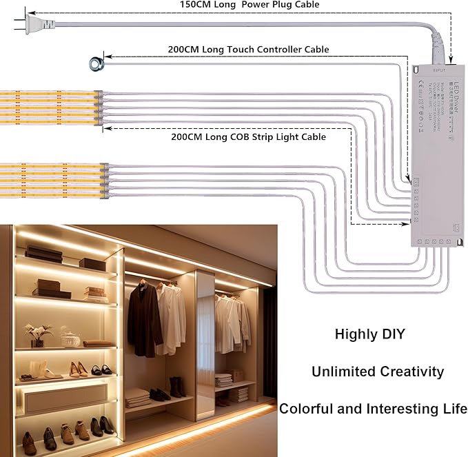 BENLUN 12V COB LED Under Cabinet Strip Lighting Kit 32.8ft, 3000K Warm White Cuttable LED Tape Lights 8W/M CRI 93 320LEDs/M with Dimmer and Power Supply for Kitchen Bookcase Shelf Display
