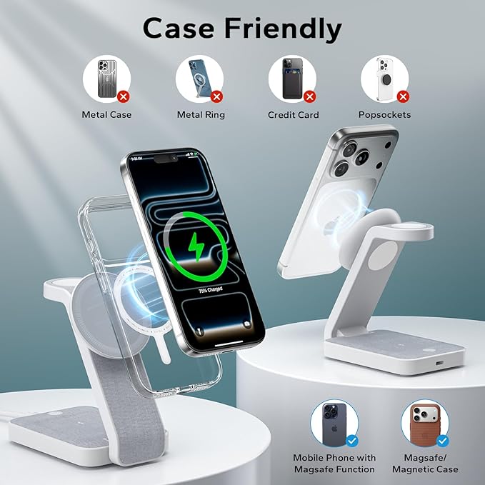 Eazpower 3 in 1 Foldable Wireless Travel Charging Station for MagSafe, Nightstand Magnetic Charger Stand for iPhone 17 16 15 14 Pro Max, Charging Dock with Night Light for Apple Watch/AirPods (White)