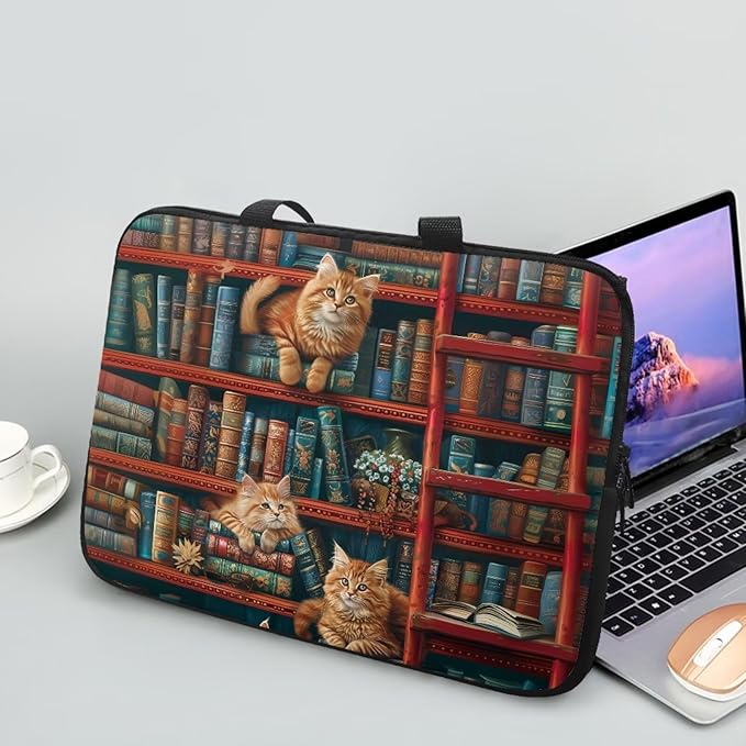 Vintage Bookshelf Laptop Sleeve Case Computer Cover Compatible with 10-17 Inch Tablet Cute Cat Protective Carrying Bag Briefcase Carrying Case, 17 Inch, Book Lover